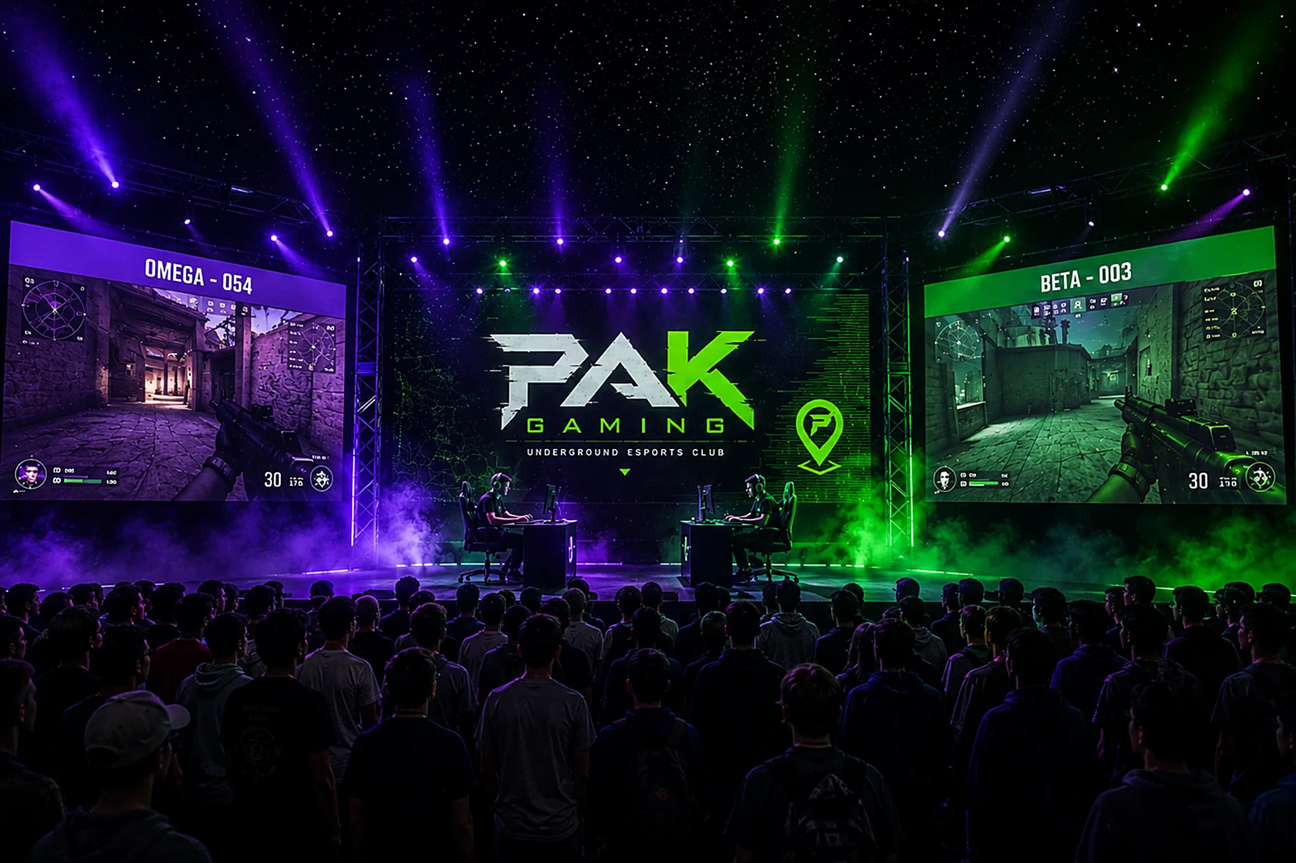 The PAK main stage on game night, lit up in front of a packed crowd