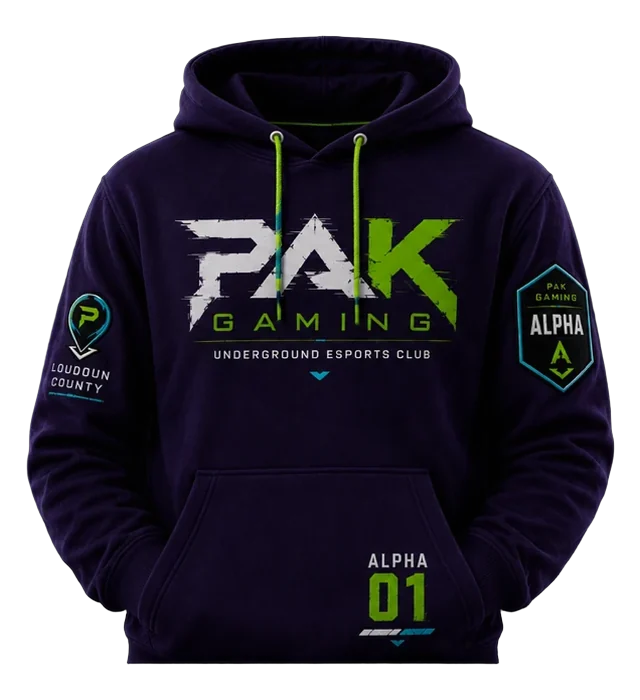 PAK GAMING annual champion hoodie, rotating above a lit pedestal